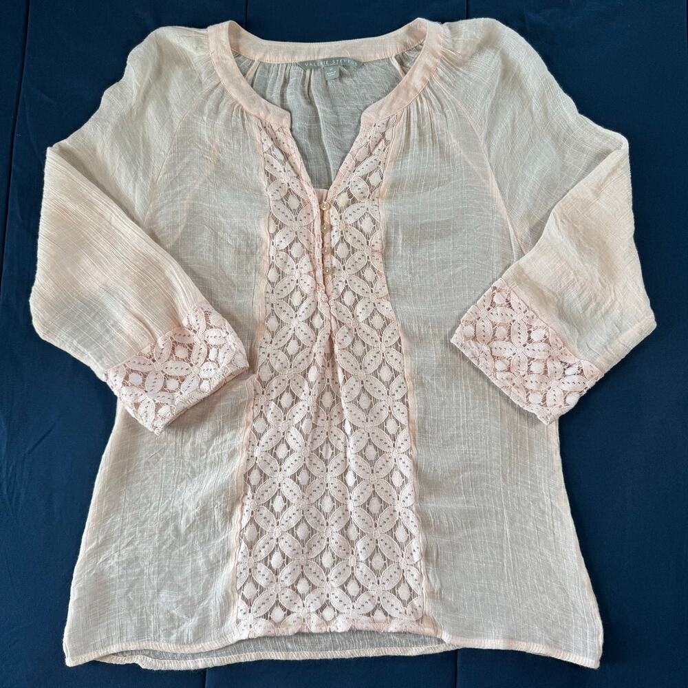 Valerie Stevens Womens Medium Blush Pink Gauze Lace Peasant Blouse